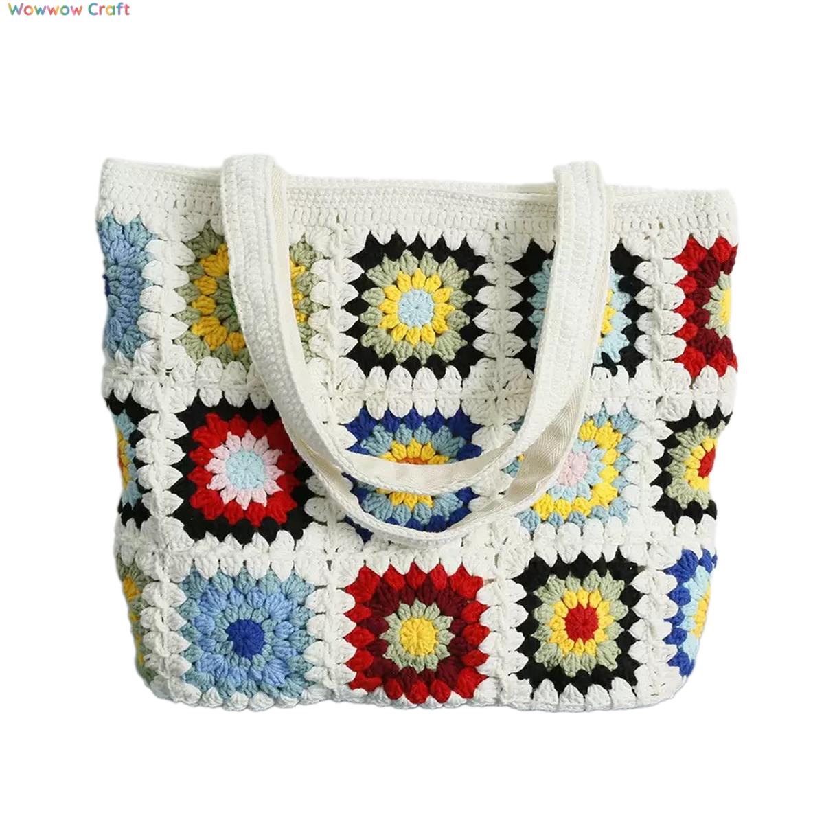 White Mocha Color Granny Square Tote crocheted with Snow Fairy Yarn - Beautiful Hand-Crocheted Shoulder Bag