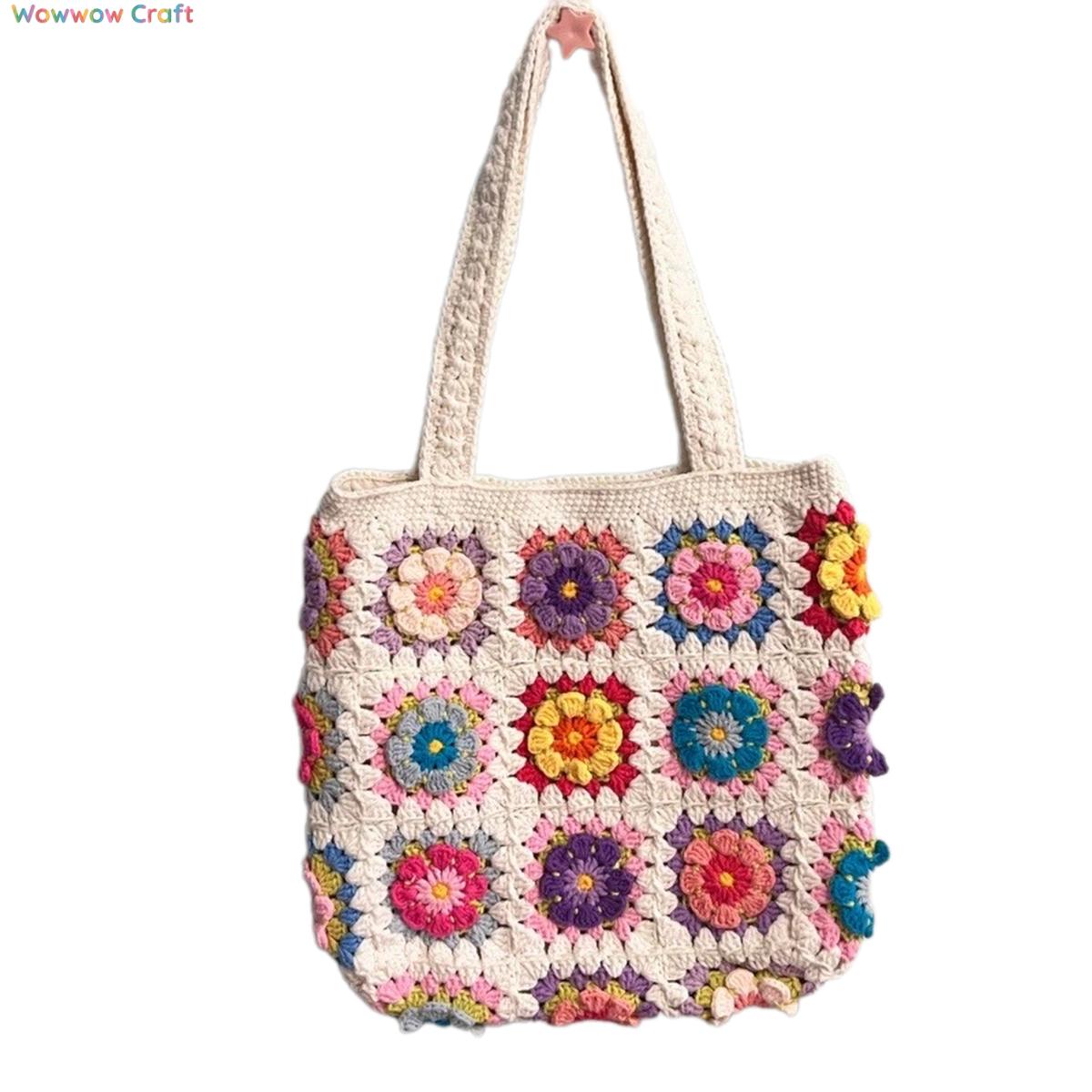 Flower Splicing Granny Square Tote crocheted with Snow Fairy Yarn - High quality handmade crocheted shoulder bag