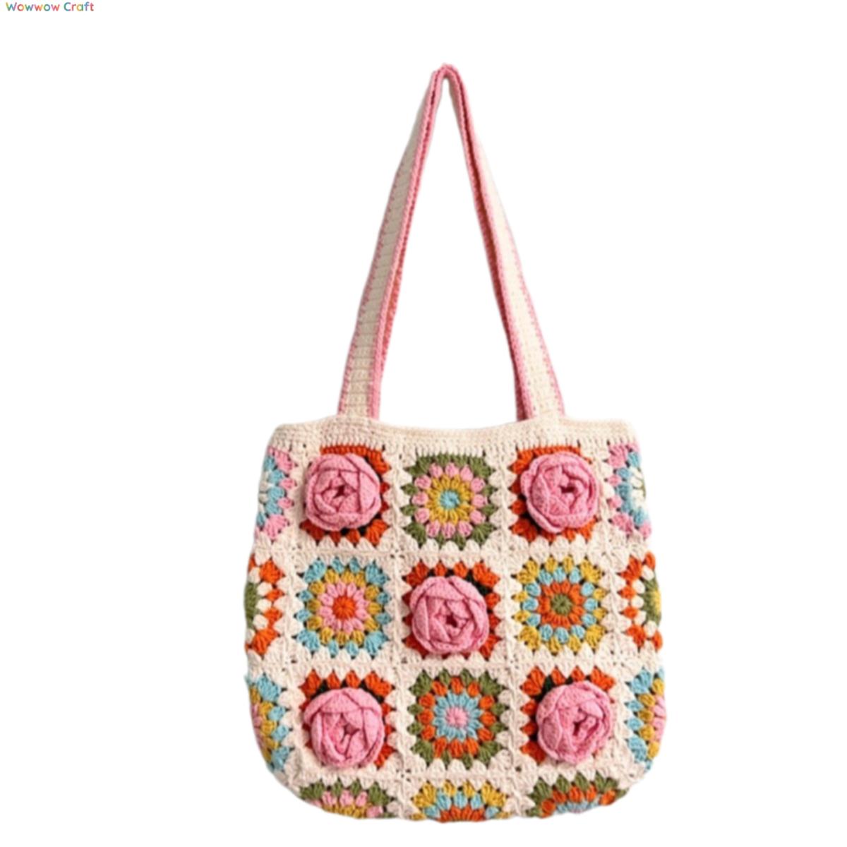 Pink Flowers Granny Square Tote crocheted with Snow Fairy Yarn - High quality handmade crocheted shoulder bag