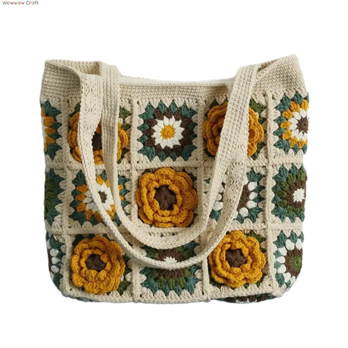 Yellow Flowers Granny Square Tote crocheted with Snow Fairy Yarn - High quality handmade crocheted shoulder bag