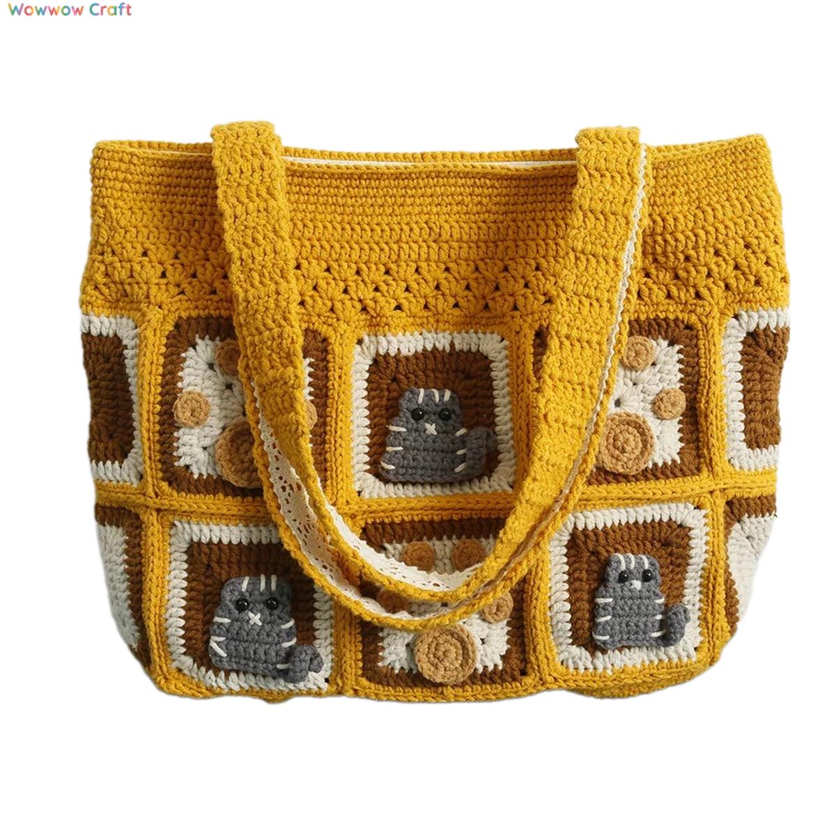 Dark Yellow Flowers Embroidery Granny Square Tote crocheted with Snow Fairy Yarn - High quality handmade crocheted shoulder bag