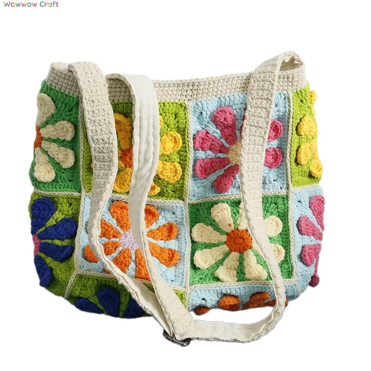 Colorful Flowers Embroidery Granny Square Tote crocheted with Snow Fairy Yarn - High quality handmade crocheted shoulder bag