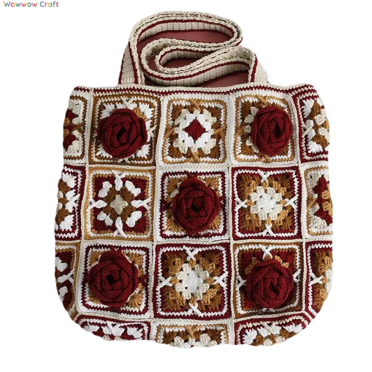 Burgundy Flowers Embroidery Granny Square Tote crocheted with Snow Fairy Yarn - High quality handmade crocheted shoulder bag