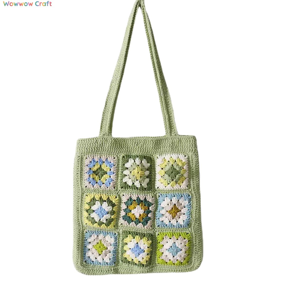 Light Green Granny Square Tote crocheted with Snow Fairy Yarn - High quality handmade crocheted shoulder bag