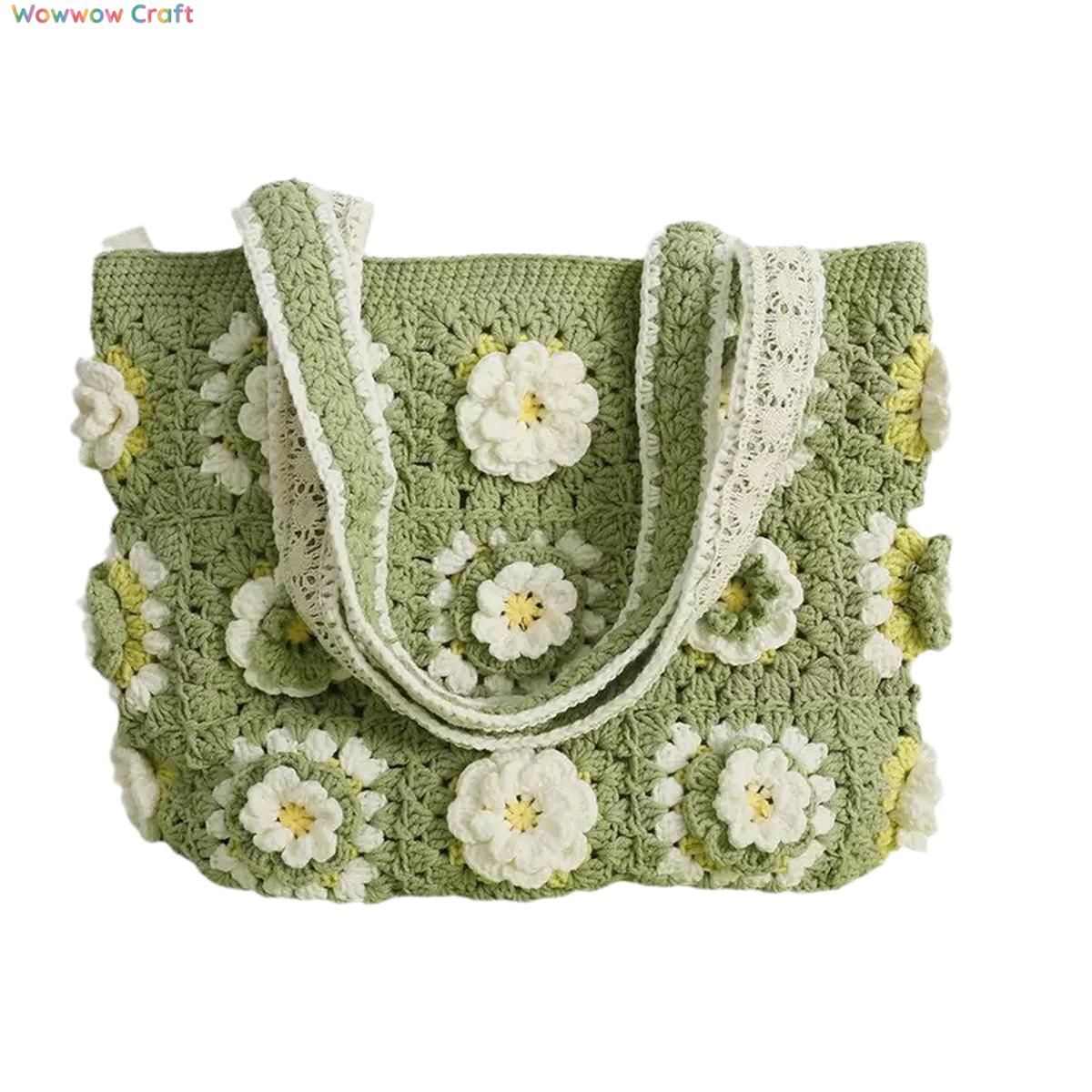 Matcha Colored Flower Slices Granny Square Tote crocheted with Snow Fairy Yarn - High quality handmade crocheted shoulder bag