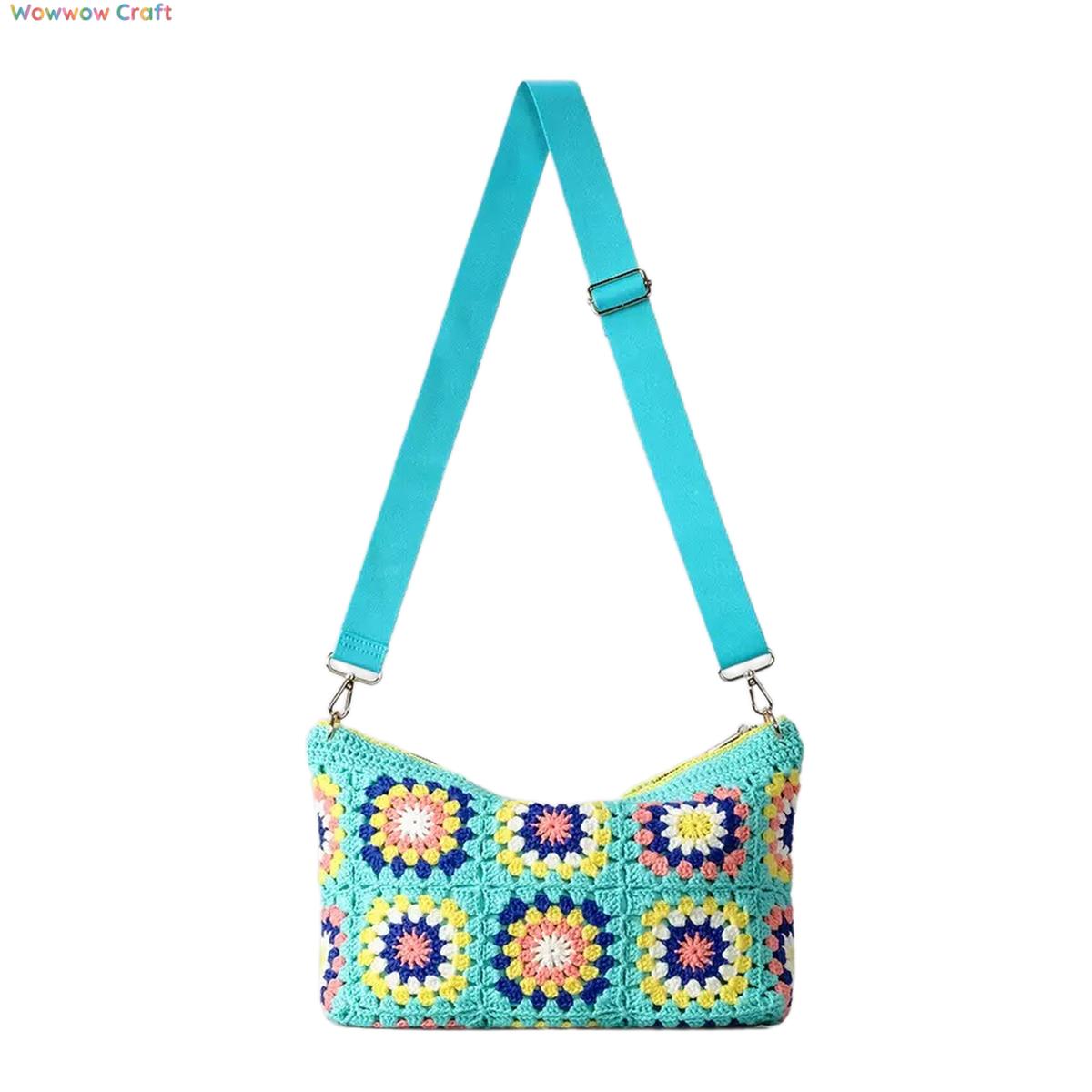 Crochet Granny Square Flower Block Crossbody Bag - Crocheted Shoulder Bag